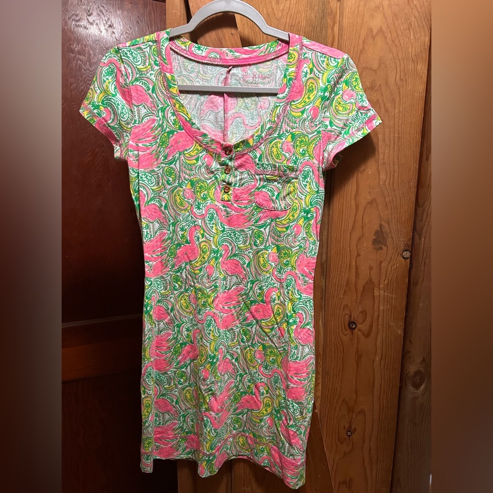 Lilly Pulitzer Flamingo Print Floral Pink and Green Women's Dress XS
